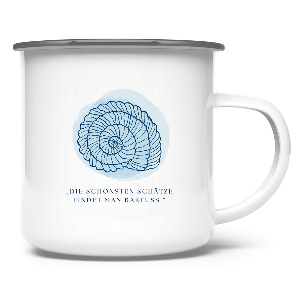 „Die schönsten Schätze findet man barfuss" / Emaille-Tasse