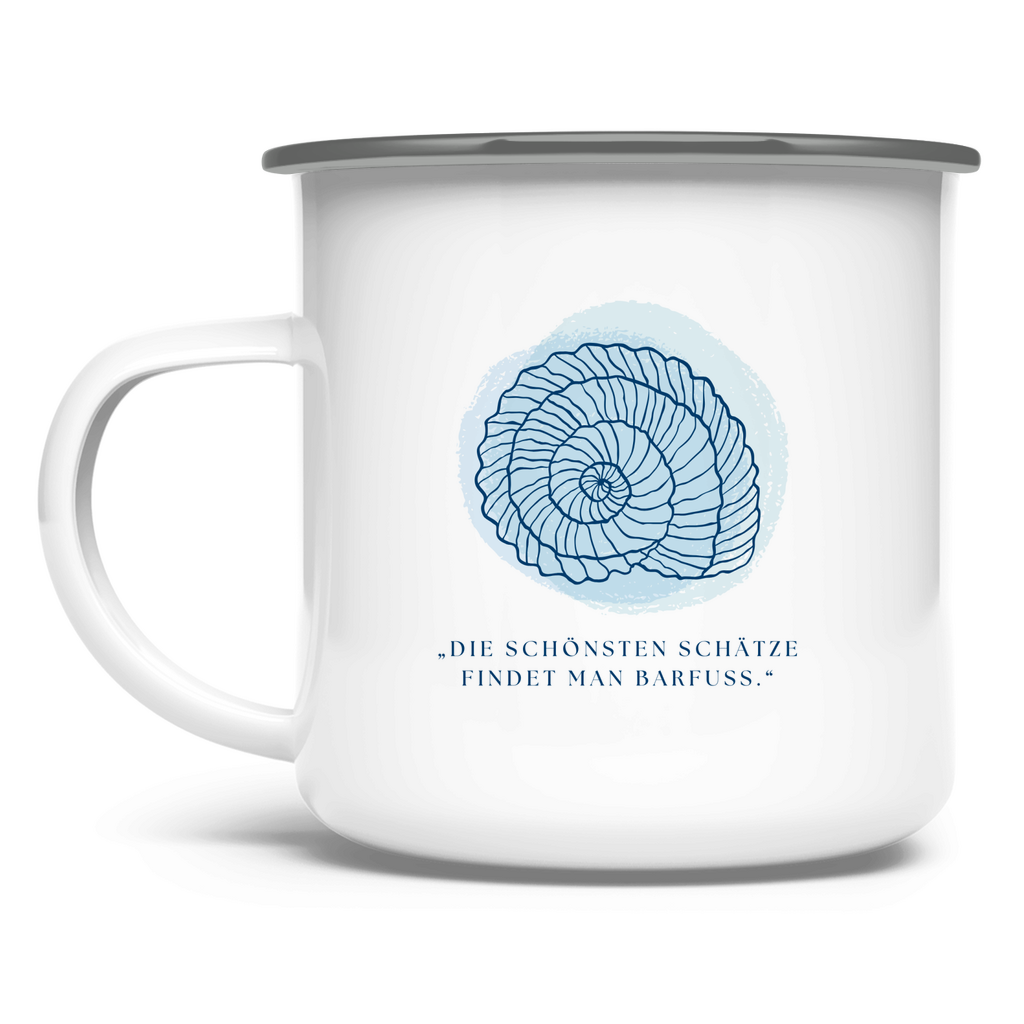 „Die schönsten Schätze findet man barfuss" / Emaille-Tasse