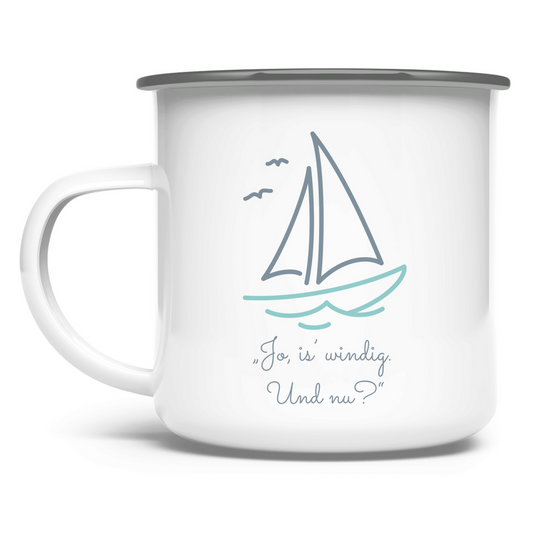 „Jo, is´windig. Und nu?" / Emaille-Tasse