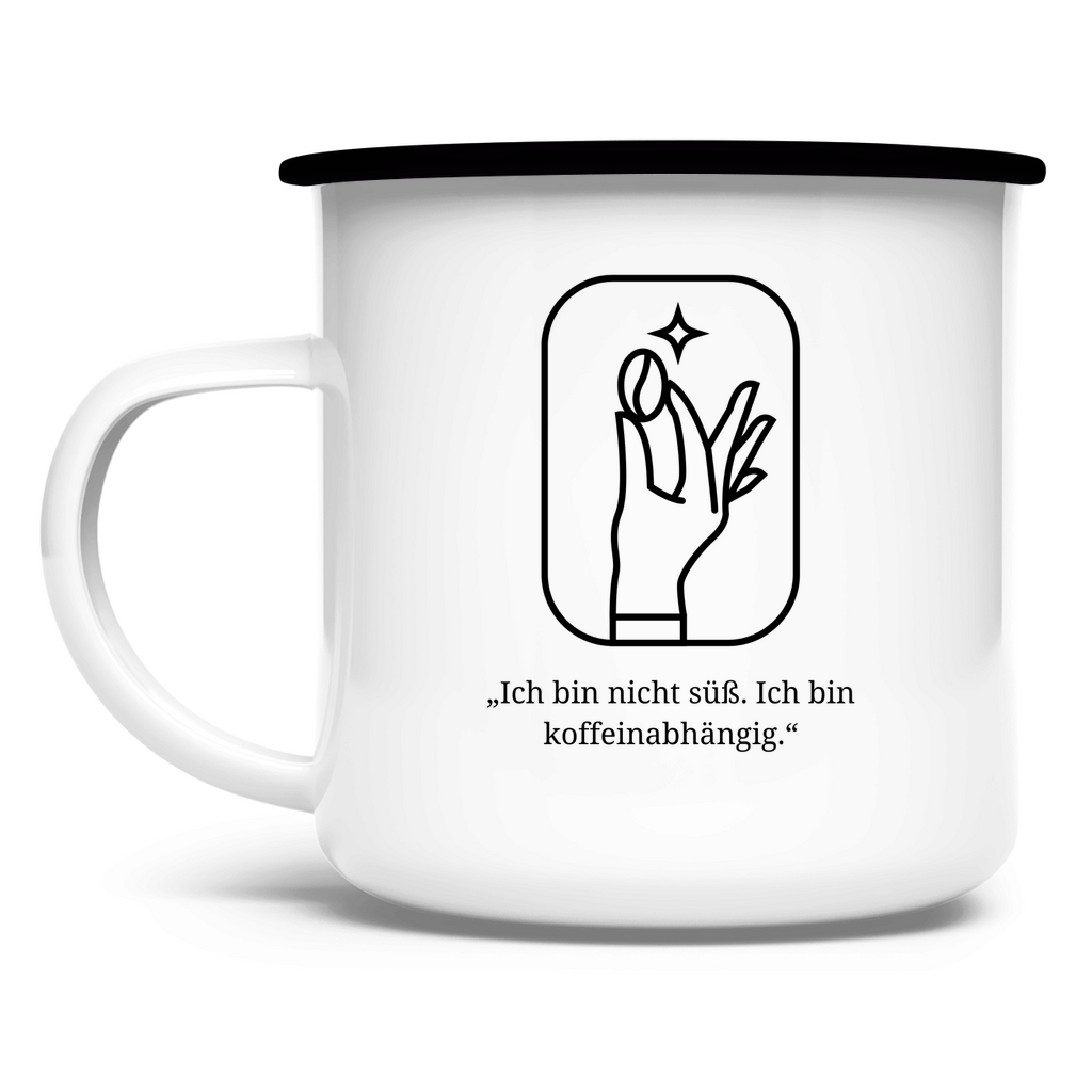„Ich bin nicht süß. Ich bin koffeinabhängig." / Emaille-Tasse