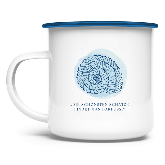 „Die schönsten Schätze findet man barfuss" / Emaille-Tasse