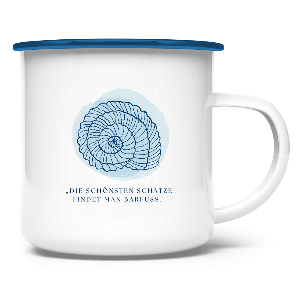 „Die schönsten Schätze findet man barfuss" / Emaille-Tasse